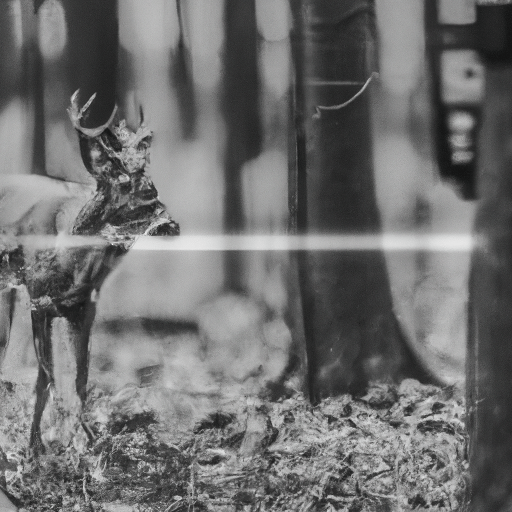 A black and white photograph of a forest with a bunaté full HD trail camera capturing a close-up image of a deer.. Sigma 85 mm f/1.4. No text.