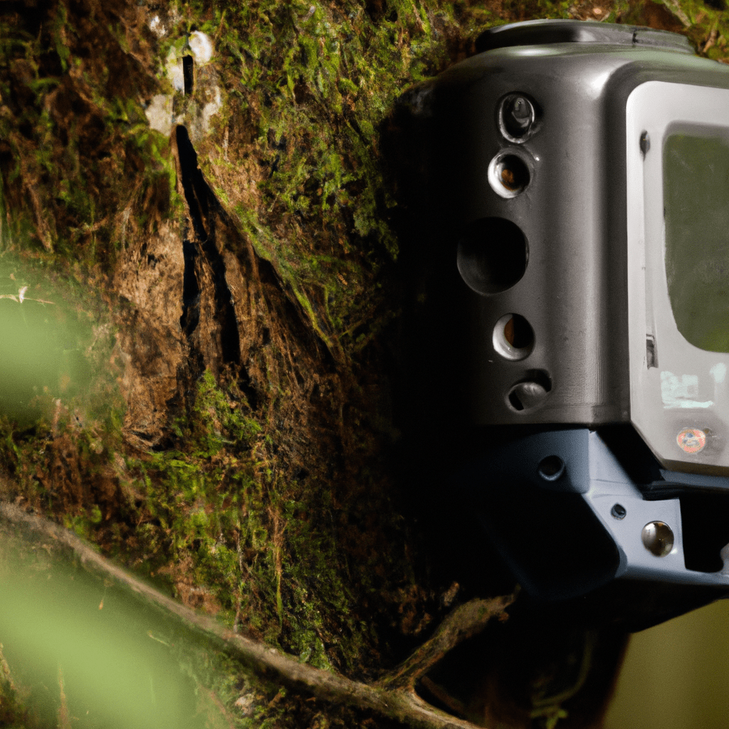 [ A close-up photo of the Predator Micro trail camera in a dense forest, capturing detailed images of wildlife. ]. Sigma 85 mm f/1.4. No text.