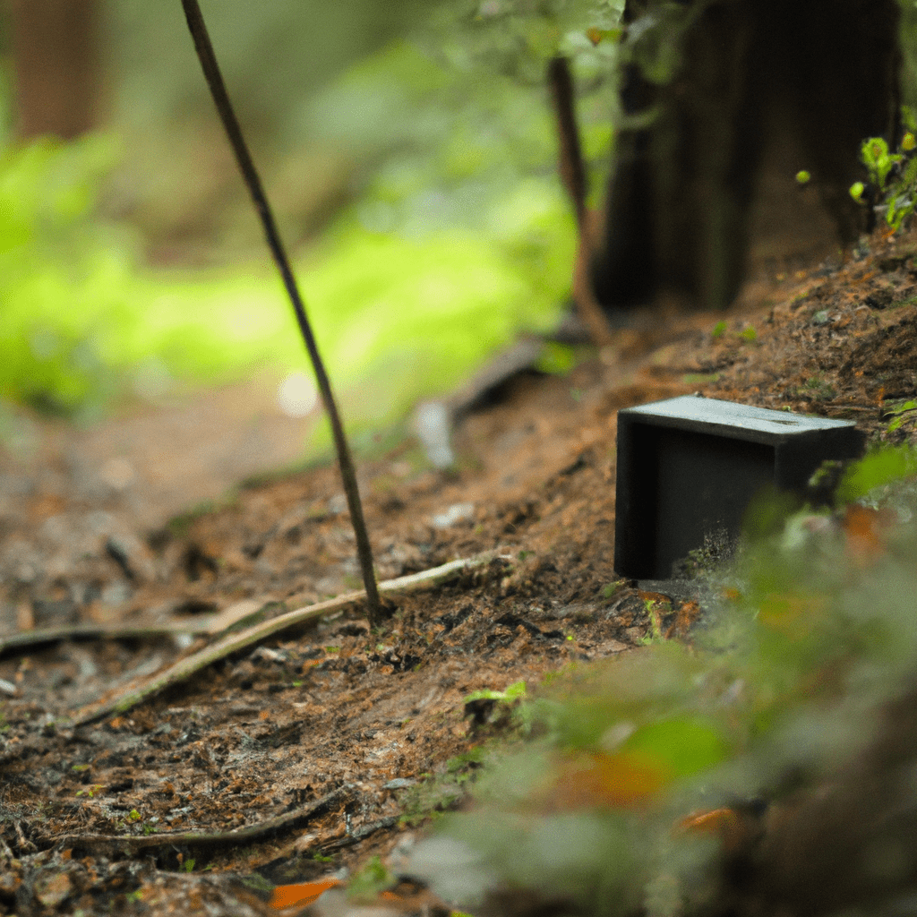 3 - A photo of a trail camera carefully positioned on a heavily used animal trail in the forest, ensuring optimal wildlife capture. Sigma 85 mm f/1.4. No text.. Sigma 85 mm f/1.4. No text.