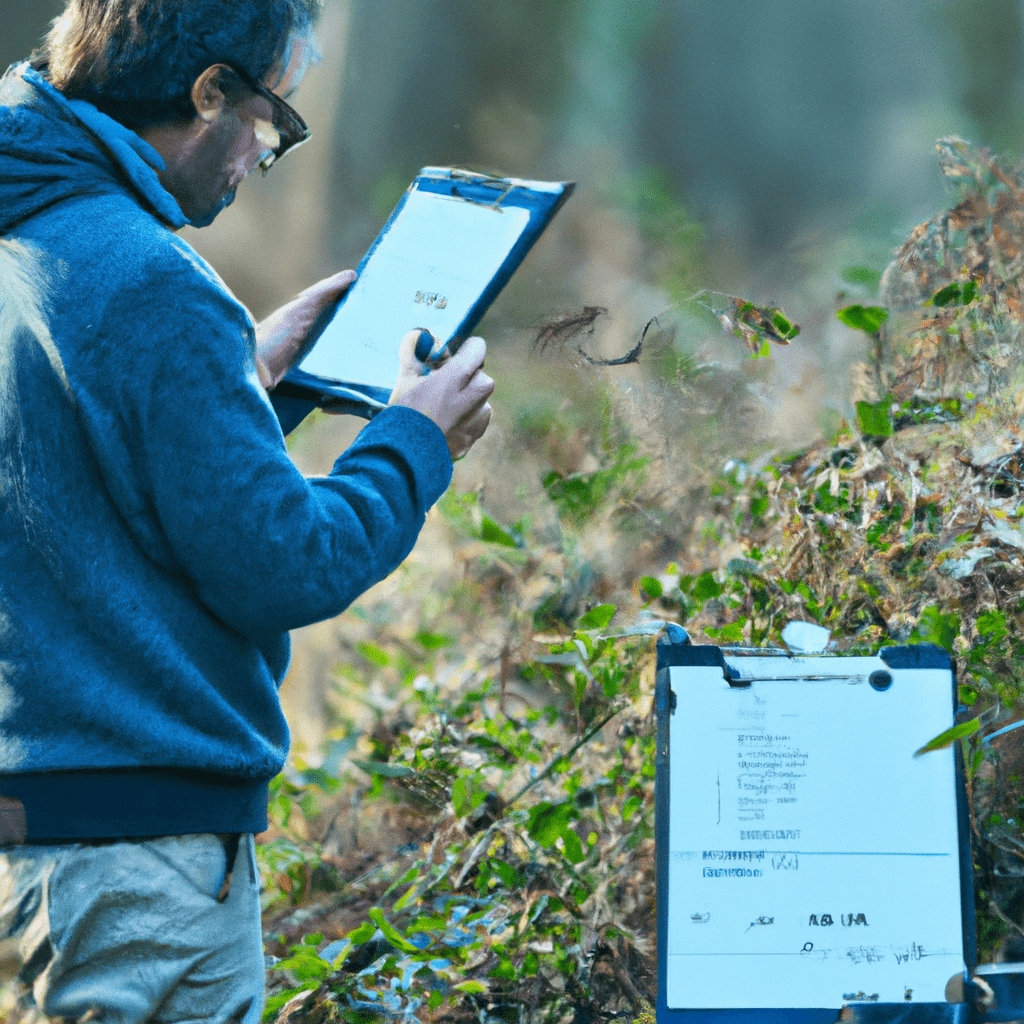 2 - A person analyzing trail camera photos, recording data on a clipboard, surrounded by nature. Sigma 85 mm f/1.4. No text.. Sigma 85 mm f/1.4. No text.