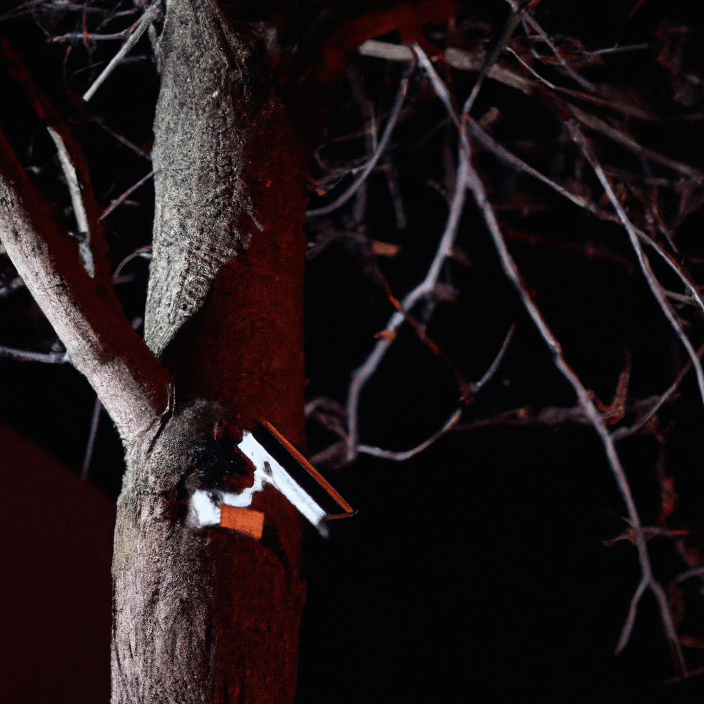 [In the photo, a cheap trail camera is mounted on a tree, capturing images of a burglar sneaking into a residential area at night.]. Sigma 85 mm f/1.4. No text.