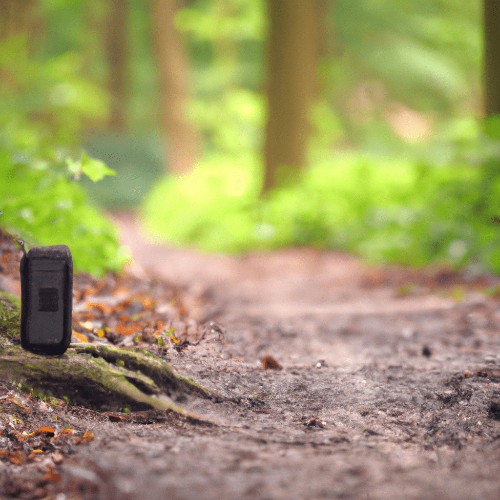 A trail camera placed on a natural pathway in the forest, capturing wildlife activities. The strategic location ensures successful observation and valuable shots.. Sigma 85 mm f/1.4. No text.