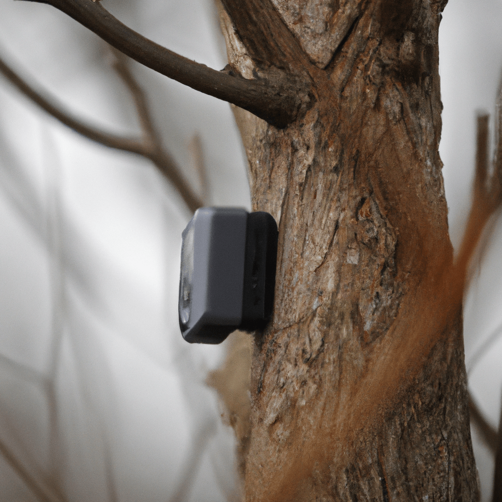 2 - A photo of a trail camera mounted high on a tree, with its waterproof and windproof features highlighted. Capture the perfect wildlife shots even in challenging outdoor conditions.. Sigma 85 mm f/1.4. No text.