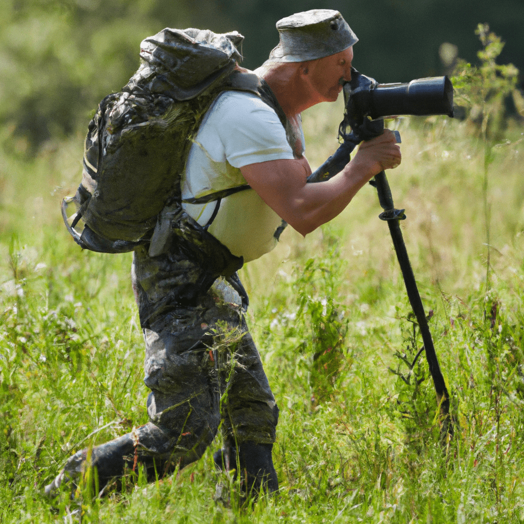 A hiker capturing wildlife with a high-resolution trail camera.. Sigma 85 mm f/1.4. No text.
