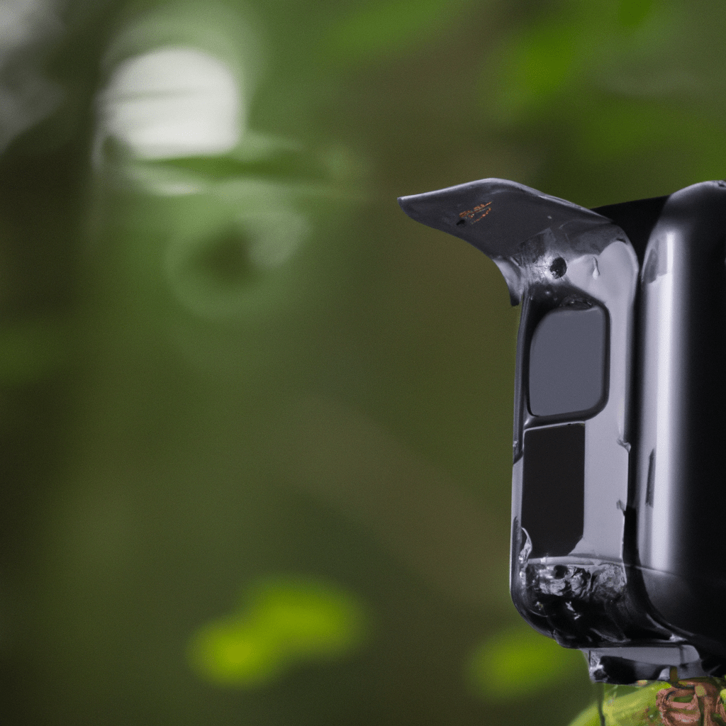 A close-up of a trail camera in a forest, highlighting its impressive detection and flash range. The optimal camera trap should have a range that suits the distance and lighting conditions of your specific needs, whether it's capturing wildlife in a large area or monitoring a smaller feeding site.. Sigma 85 mm f/1.4. No text.