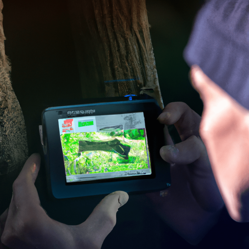 2 - [A wildlife enthusiast remotely accessing a live feed from a WiFi trail camera, monitoring the surroundings in real-time].. Sigma 85 mm f/1.4. No text.