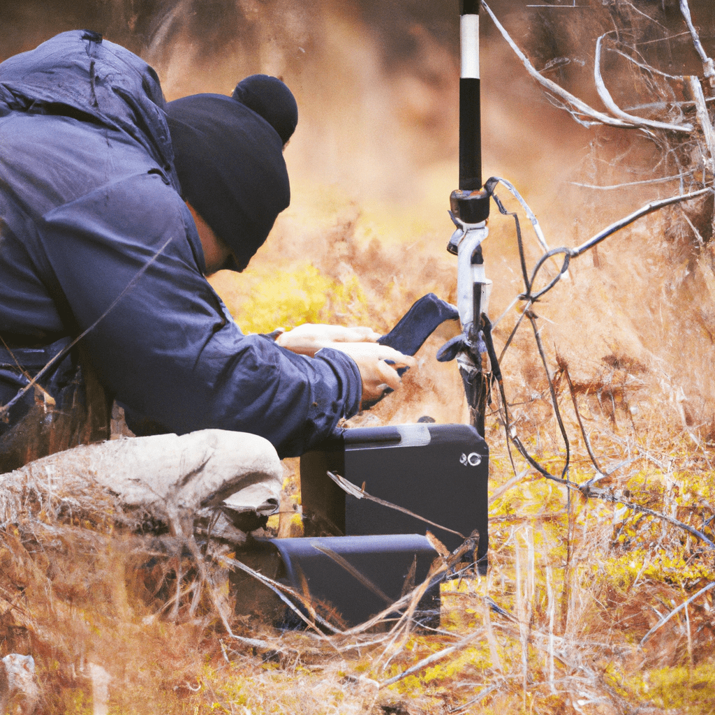A nature enthusiast setting up a high-quality trail camera in the wilderness to capture stunning wildlife moments. Sigma 85 mm f/1.4. No text.. Sigma 85 mm f/1.4. No text.