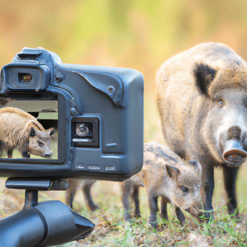 A trail camera with long battery life captures a wild boar family in action. The reliable battery ensures continuous operation and interesting shots over a longer period of time. Choose a trail camera that meets your needs and allows you to capture plenty of fascinating images for as long as possible.. Sigma 85 mm f/1.4. No text.
