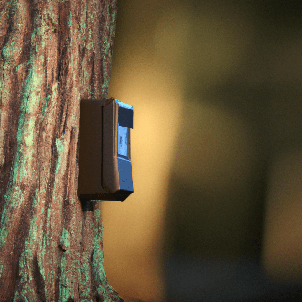 [Photo: A close-up of a high-tech trail camera capturing wildlife in its natural habitat.]. Sigma 85 mm f/1.4. No text.
