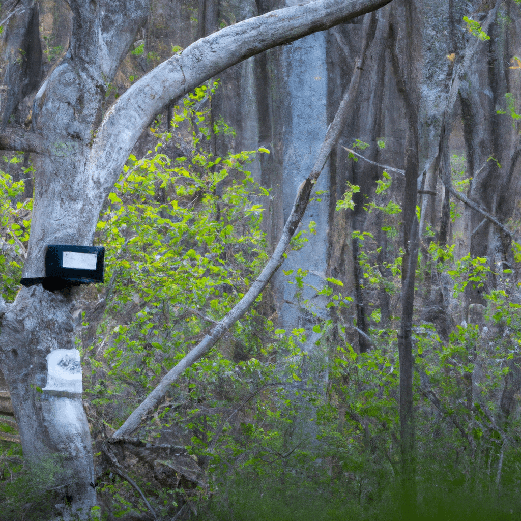 2 - [Photo Description] A photo showing the Bunaty trail camera installed in a wooded area, perfectly disguised and capturing stunning images of wildlife in their natural habitat.. Sigma 85 mm f/1.4. No text.