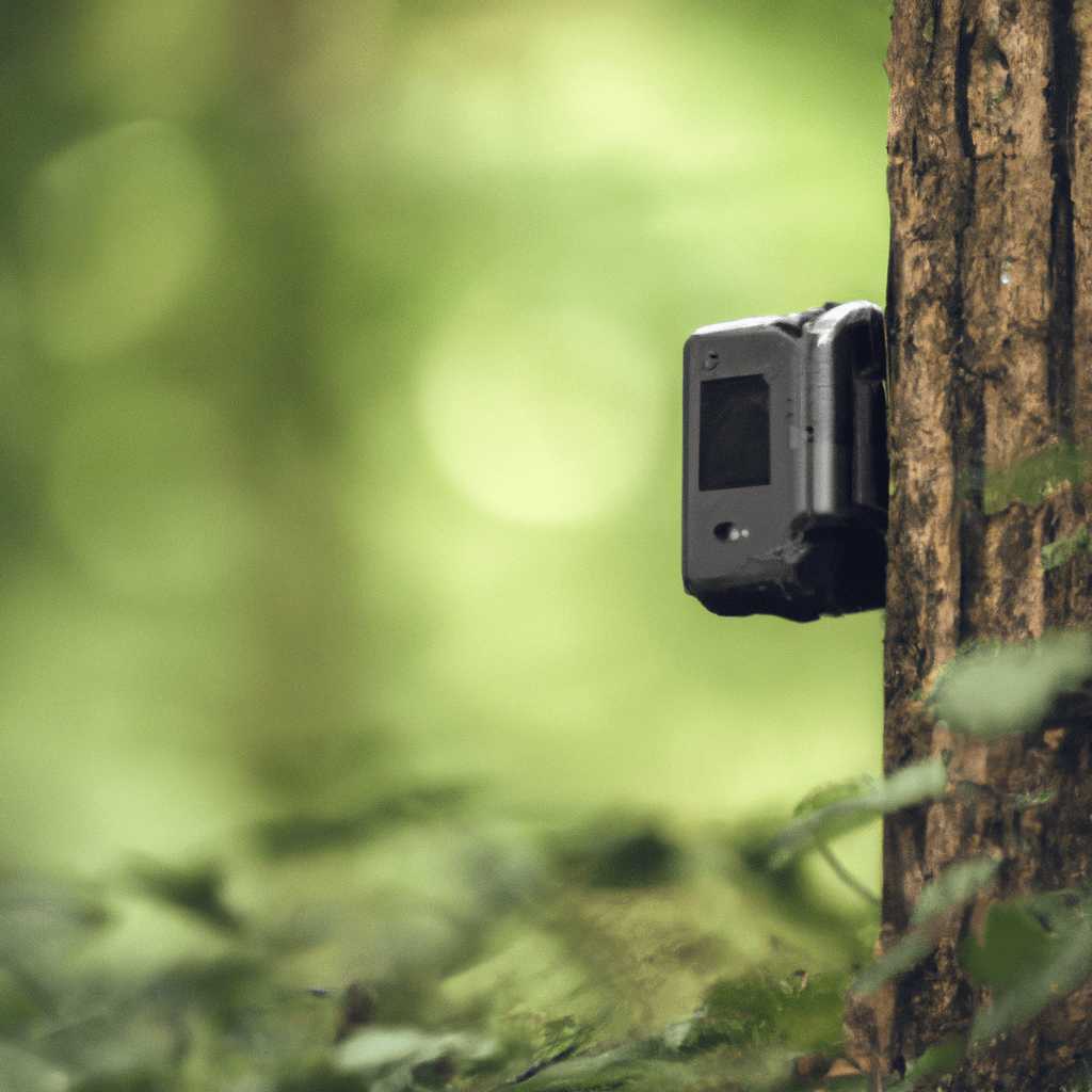 A close-up photo of a trail camera mounted in a strategic position in the woods, capturing wildlife activity in high-quality images.. Sigma 85 mm f/1.4. No text.