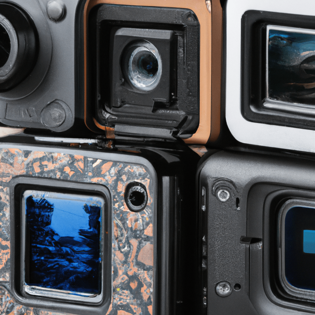 A close-up shot of various trail cameras from different brands, showcasing their unique features and capabilities.. Sigma 85 mm f/1.4. No text.
