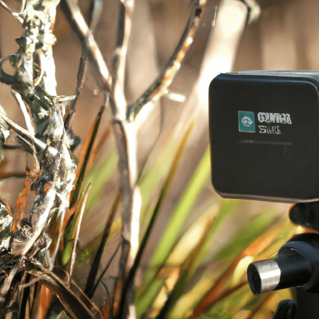 3 - A photo of a GSM trail camera capturing wildlife images in a remote area. The camera is equipped with a high-resolution lens for clear and detailed shots.. Sigma 85 mm f/1.4. No text.