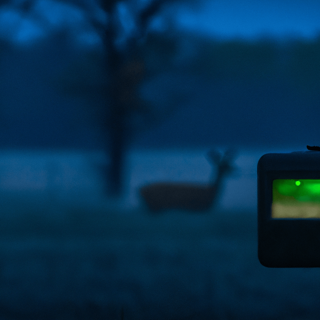A photo of a cheap trail camera with a deer passing by in its field of view at night.. Sigma 85 mm f/1.4. No text.