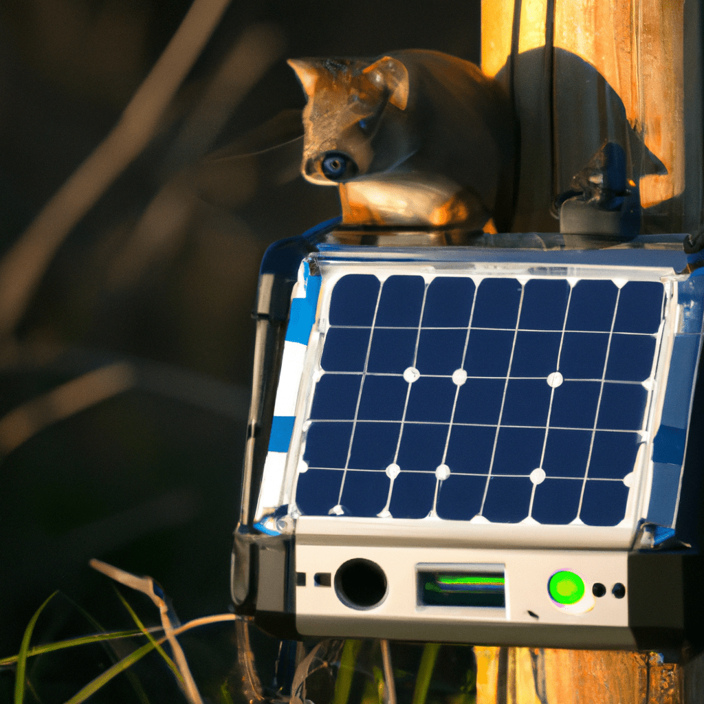 [Photo: A wildlife camera with a solar panel capturing animals in their natural habitat.]. Sigma 85 mm f/1.4. No text.