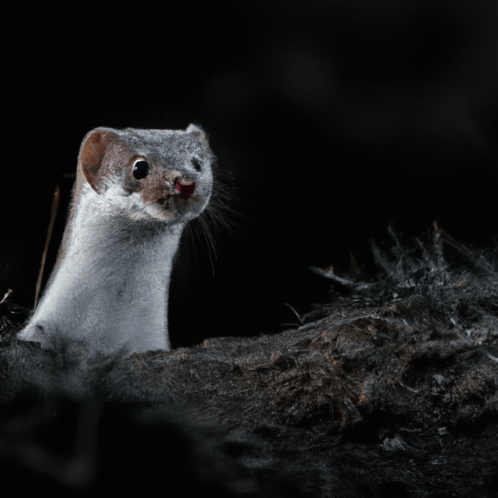 A weasel peeks out of its underground burrow, its eyes glowing in the dim light. Nikon 70-200mm f/2.8. No text.. Sigma 85 mm f/1.4. No text.