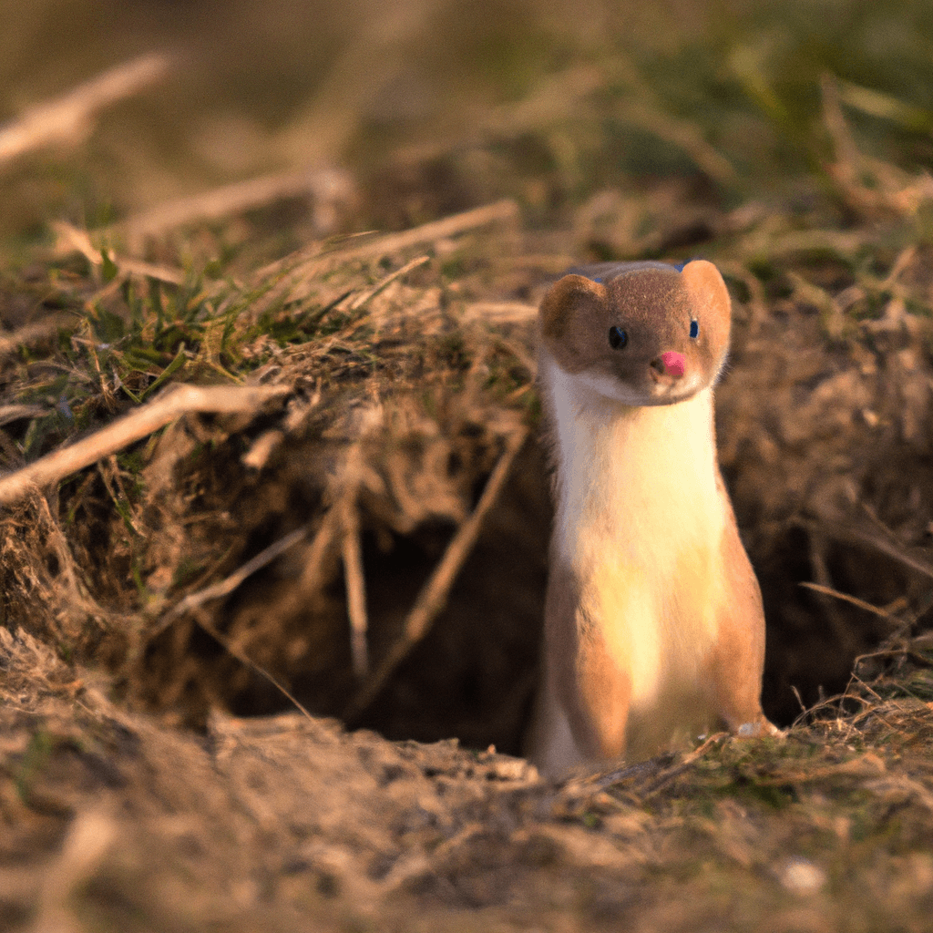 A weasel cautiously emerges from its underground burrow, the golden sunlight illuminating its alert expression. Nikon 70-200mm f/2.8. No text.. Sigma 85 mm f/1.4. No text.