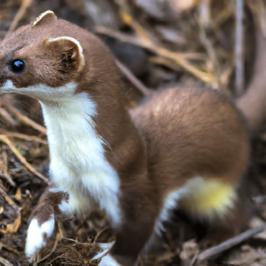 A photo of a small weasel adapting to climate change by changing its fur and size, and developing new hunting strategies to survive in a changing environment.. Sigma 85 mm f/1.4. No text.