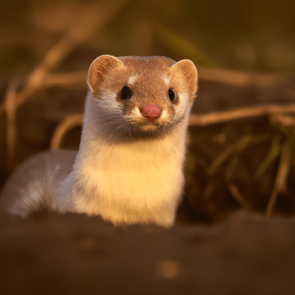 A weasel cautiously emerges from its underground burrow, its eyes gleaming in the golden sunlight. Nikon 70-200mm f/2.8. No text.. Sigma 85 mm f/1.4. No text.