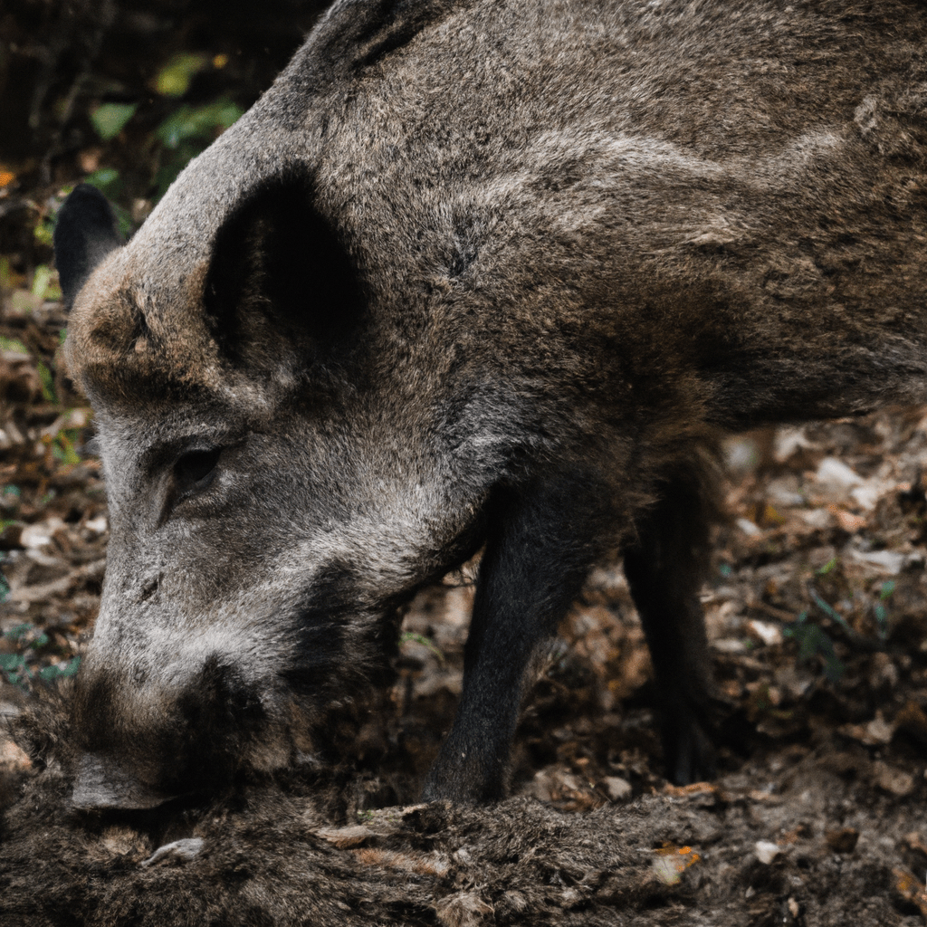 [Close-up of a wild boar foraging in a forest]. Sigma 85 mm f/1.4. No text.