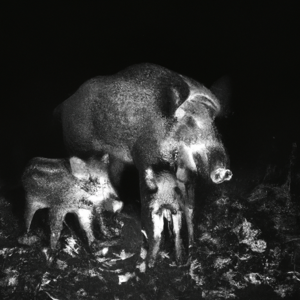 2 - [A family of wild boars captured by a trail camera during their nighttime escapades. The infrared technology reveals their natural behavior without disturbance.] Canon 70-200 mm f/2.8. No text.. Sigma 85 mm f/1.4. No text.