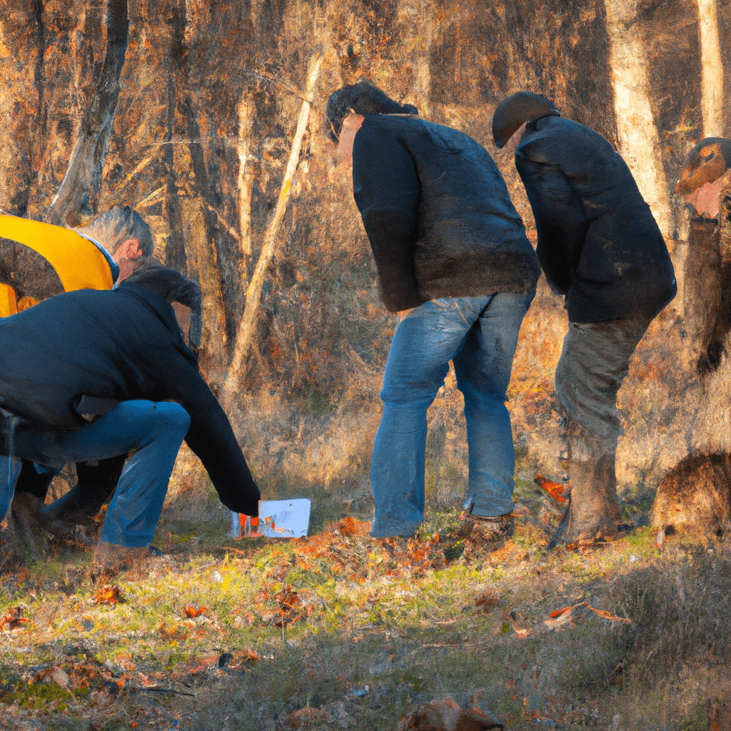2 - PHOTO: A group of hunters and wildlife experts examining tracks and signs of wild boars in their territory. Collaboration and information exchange with hunting associations are crucial for effective protection and sustainability of wild boar territories.. Sigma 85 mm f/1.4. No text.