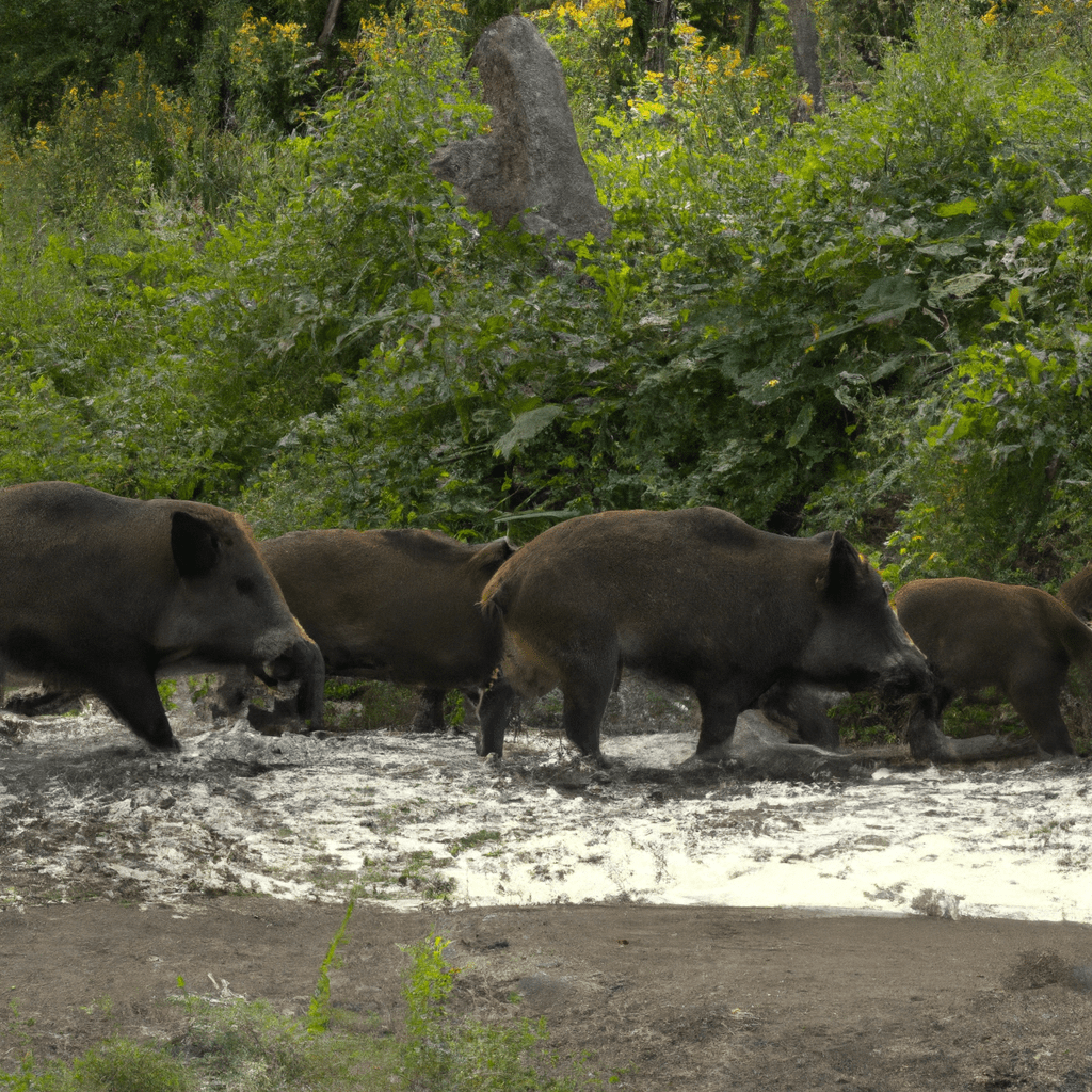 2 - [A group of wild boars crossing a river in search of food]. Trail camera. No text.. Sigma 85 mm f/1.4. No text.