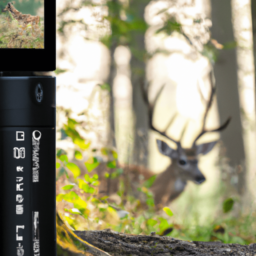 2 - [A wildlife trail camera set up in a forest capturing a stunning shot of a deer in its natural habitat]. Nikon 150 mm f/2.8 lens. No text.. Sigma 85 mm f/1.4. No text.