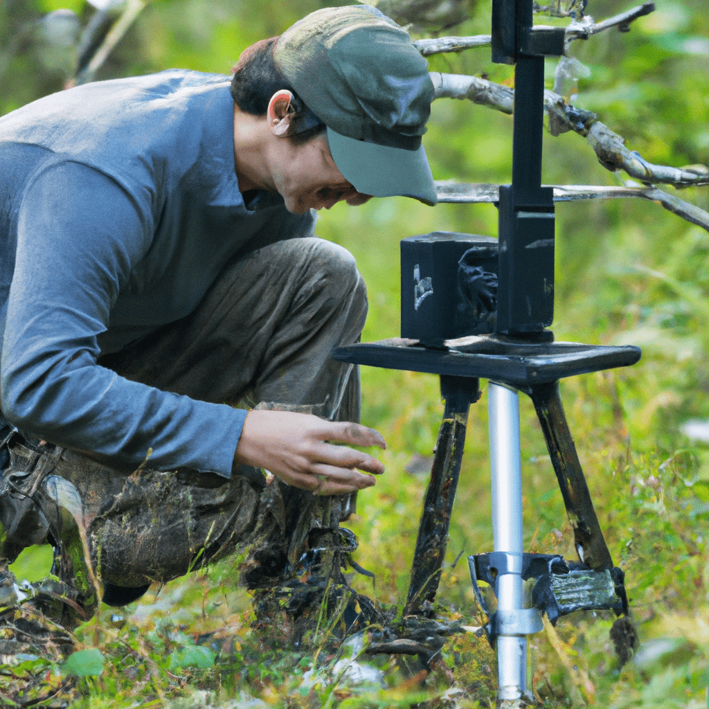 Photo description: Hunter carefully setting up a motion-activated camera trap in the wilderness. Sony 200-600 mm lens. No text.. Sigma 85 mm f/1.4. No text.