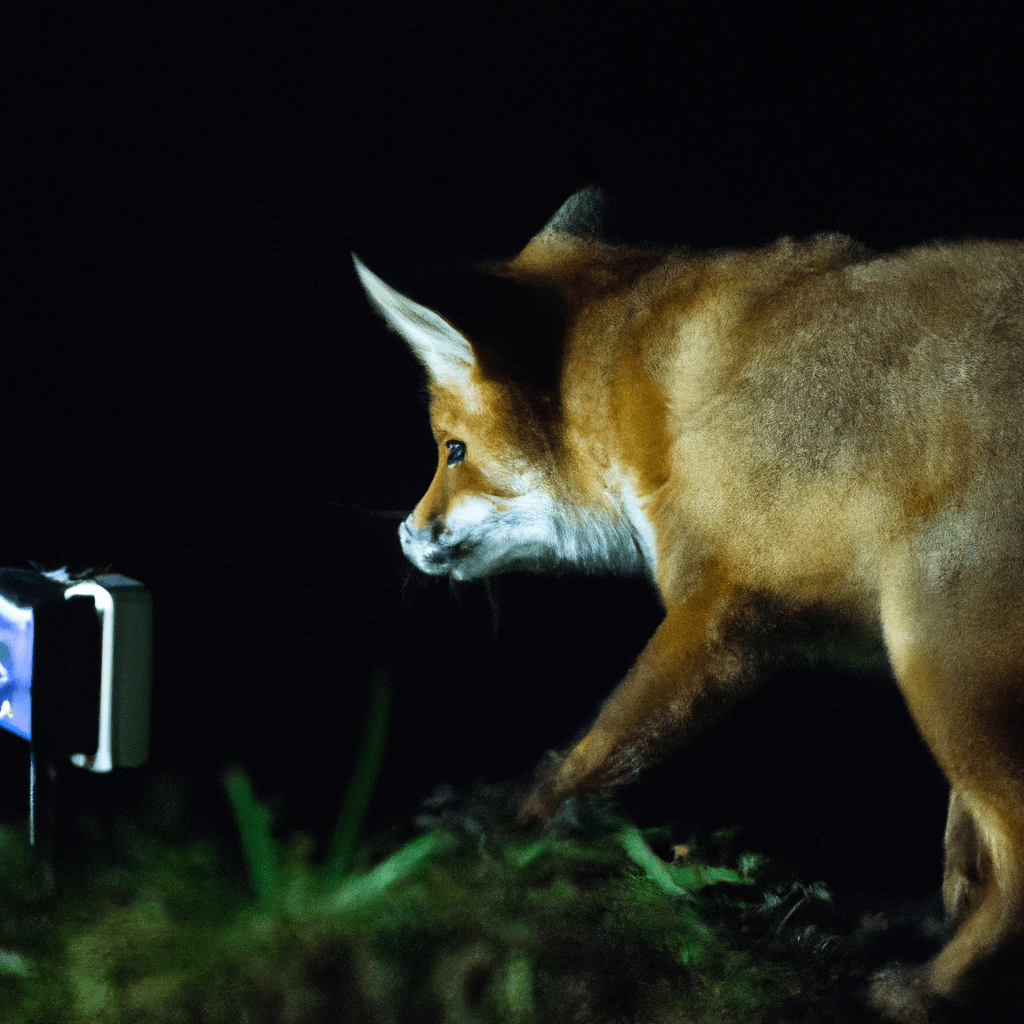 A close-up photo of a hidden wildlife camera capturing a fox in action at night.. Sigma 85 mm f/1.4. No text.
