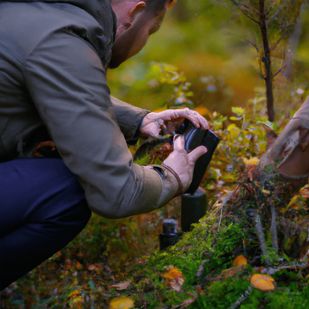 A wildlife photographer carefully placing natural bait near a camera trap in the forest. Sigma 85 mm f/1.4. No text.. Sigma 85 mm f/1.4. No text.
