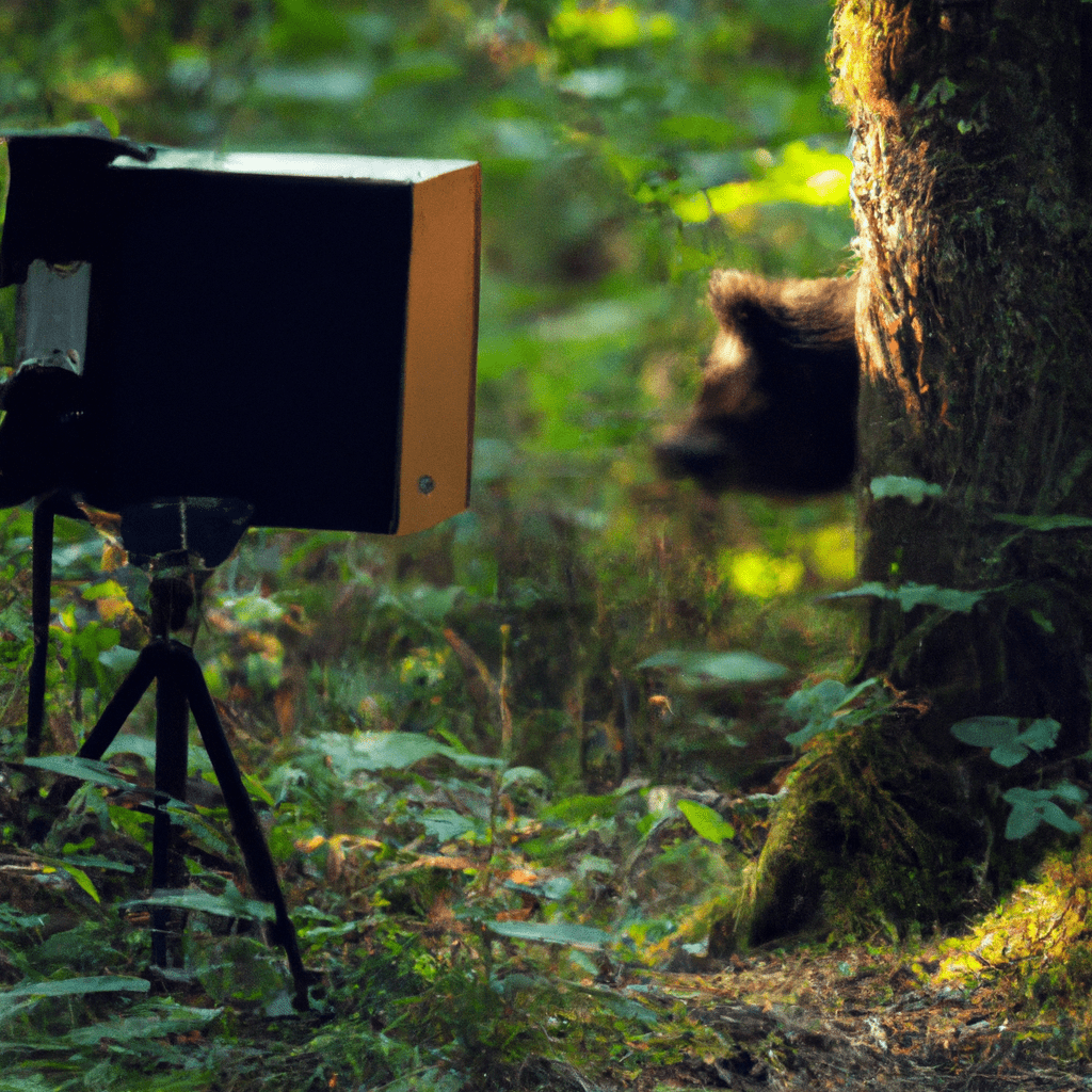 A photo of a wildlife camera set up in a dense forest with a bear walking by.. Sigma 85 mm f/1.4. No text.
