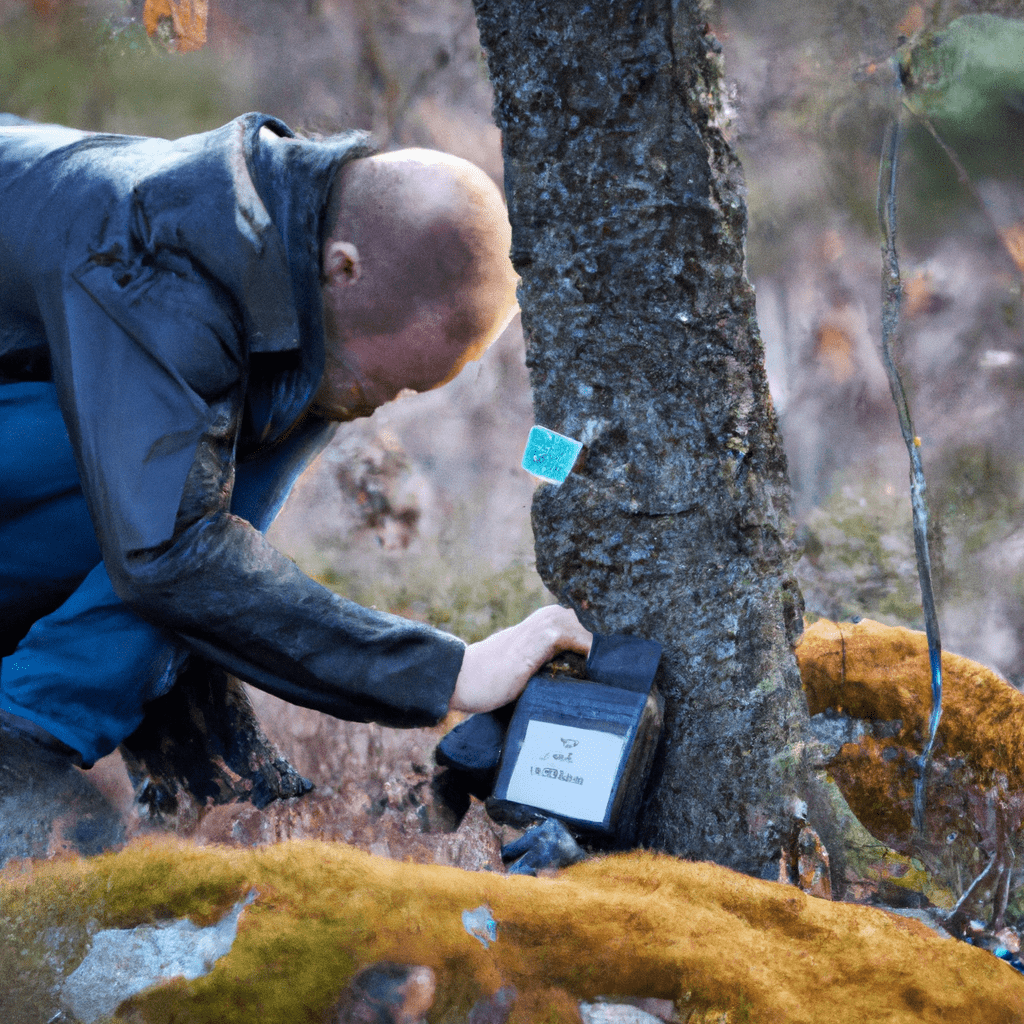 A photo of a wildlife researcher carefully setting up a trail camera in the forest, ensuring compliance with safety measures and legal regulations.. Sigma 85 mm f/1.4. No text.