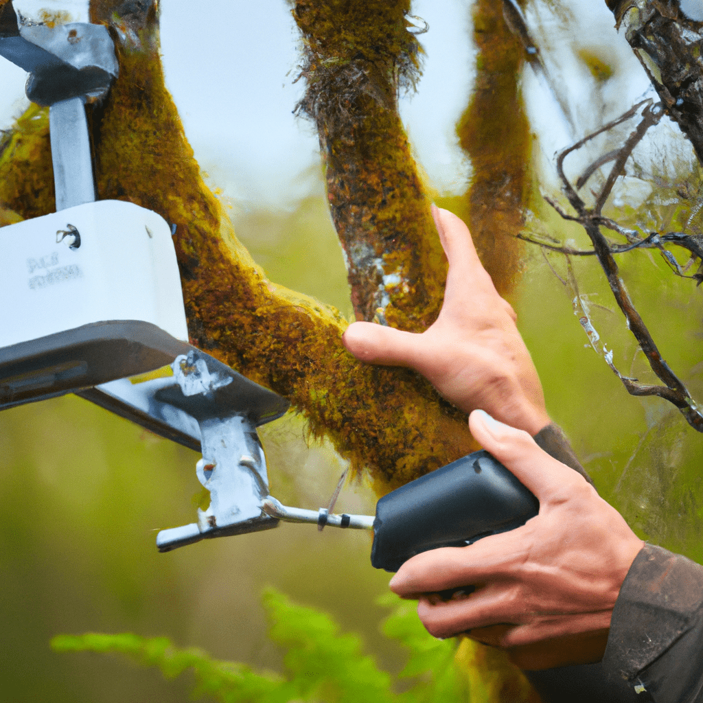 2 - A photo of a person adjusting the wifi signal for a wildlife camera in a remote area.. Sigma 85 mm f/1.4. No text.