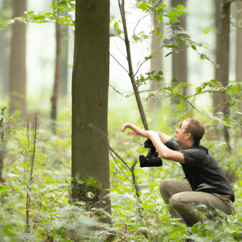 [A photo of a wildlife photographer setting up a trail camera in a dense forest.]. Sigma 85 mm f/1.4. No text.