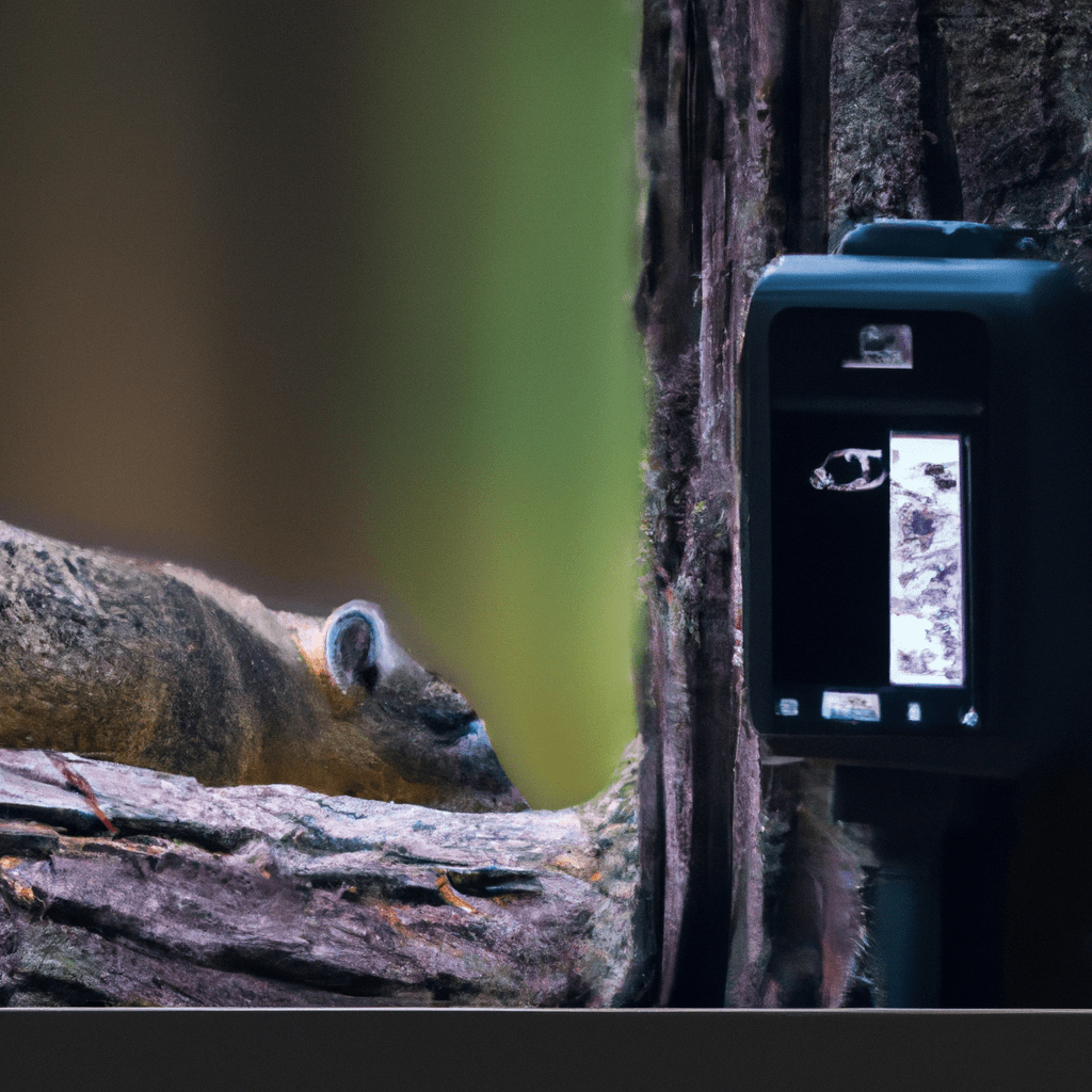A photo of a mini trail camera capturing a close-up image of a wild animal in its natural habitat. [Detected movement at its finest!]. Sigma 85 mm f/1.4. No text.