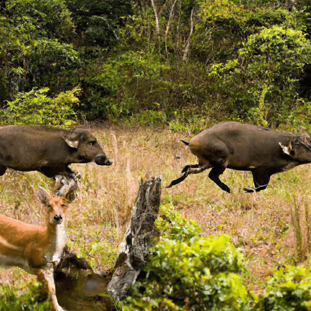 [Deer and Wild Pigs Crossing Paths] A captivating moment captured by a camera trap, showcasing the coexistence of graceful deer and wild pigs in their natural habitat. The photo offers a glimpse into their interactions and the challenges they face as they navigate their shared environment.. Sigma 85 mm f/1.4. No text.