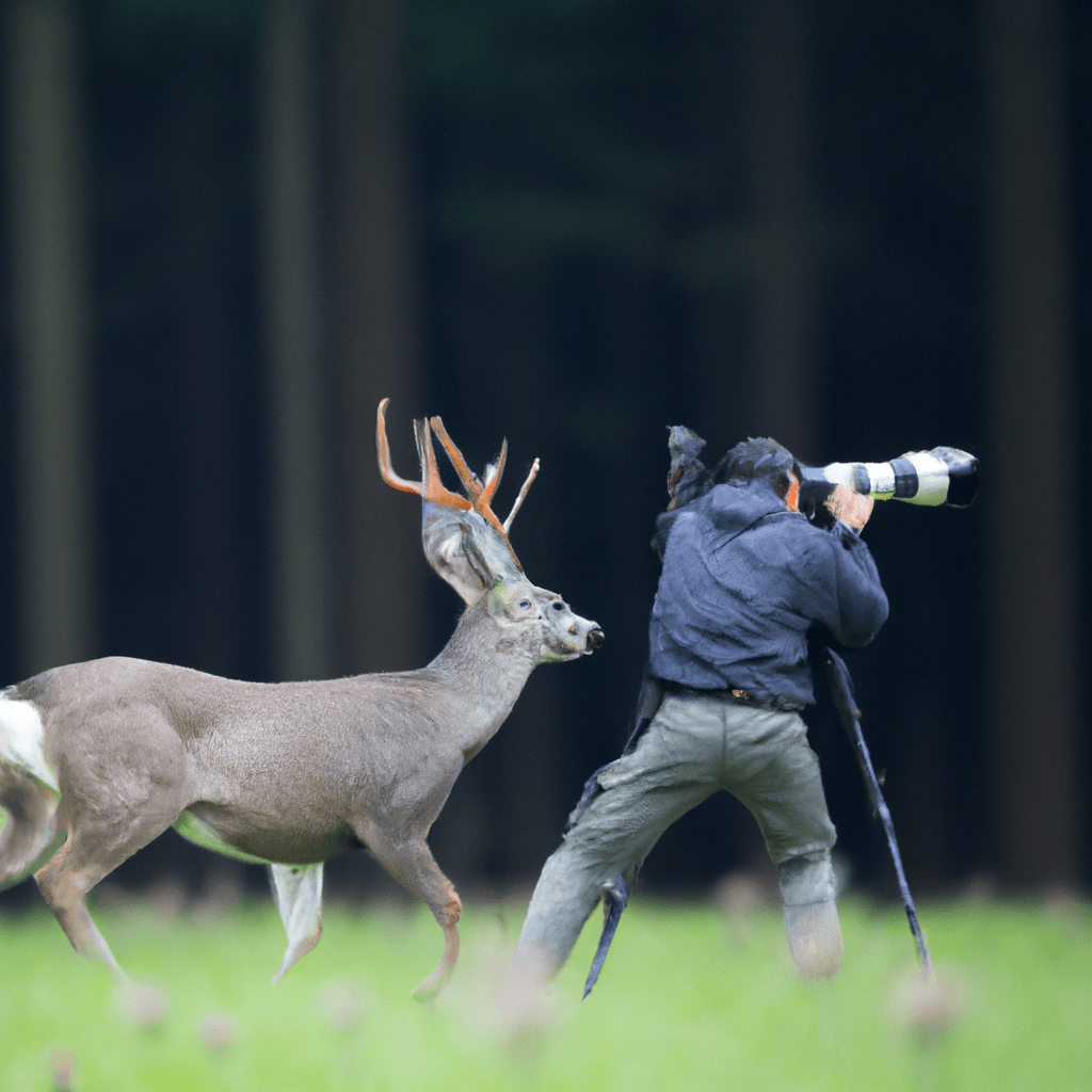 2 - A wildlife photographer capturing a breathtaking image of a deer using a high-tech trail camera. Canon 70-200 mm f/2.8. No text.. Sigma 85 mm f/1.4. No text.