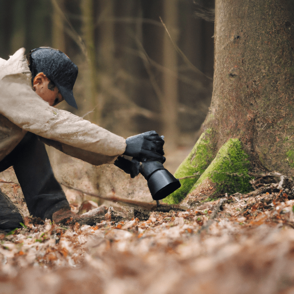 A photo of a wildlife photographer setting up a trail camera in a forest.. Sigma 85 mm f/1.4. No text.