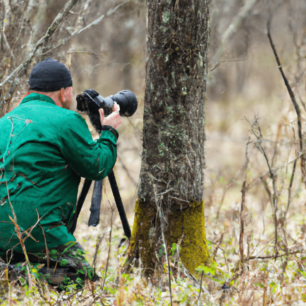 A photo of a wildlife photographer using a trail camera to capture animals in their natural habitat.. Sigma 85 mm f/1.4. No text.
