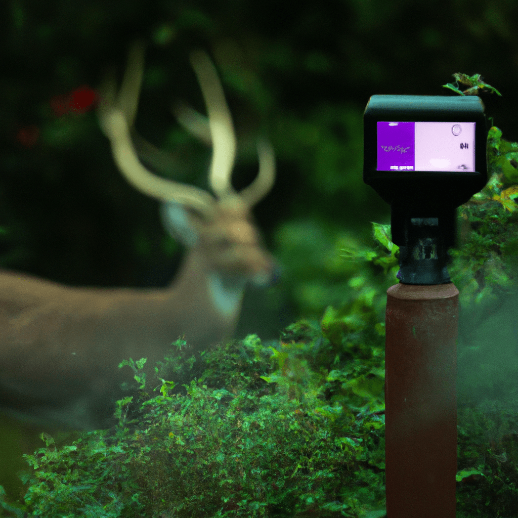 A photograph of a wildlife camera capture the image of a deer in a garden, highlighting the effectiveness of using a motion sensor for monitoring outdoor areas.. Sigma 85 mm f/1.4. No text.
