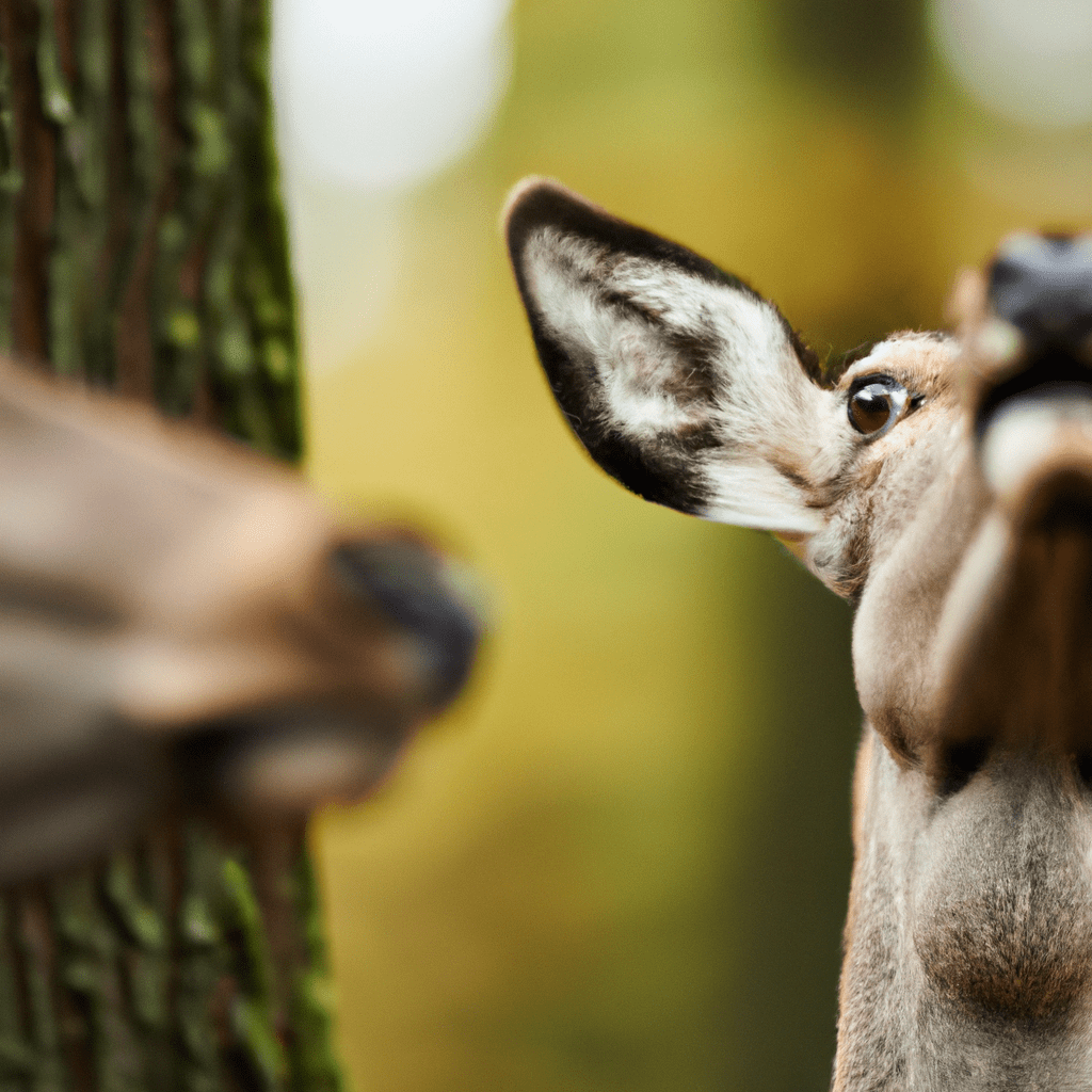 2 - [Photo: A wildlife camera mounted on a tree, capturing a stunning close-up shot of a deer in motion.] Nikon 200 mm f/2.8.. Sigma 85 mm f/1.4. No text.