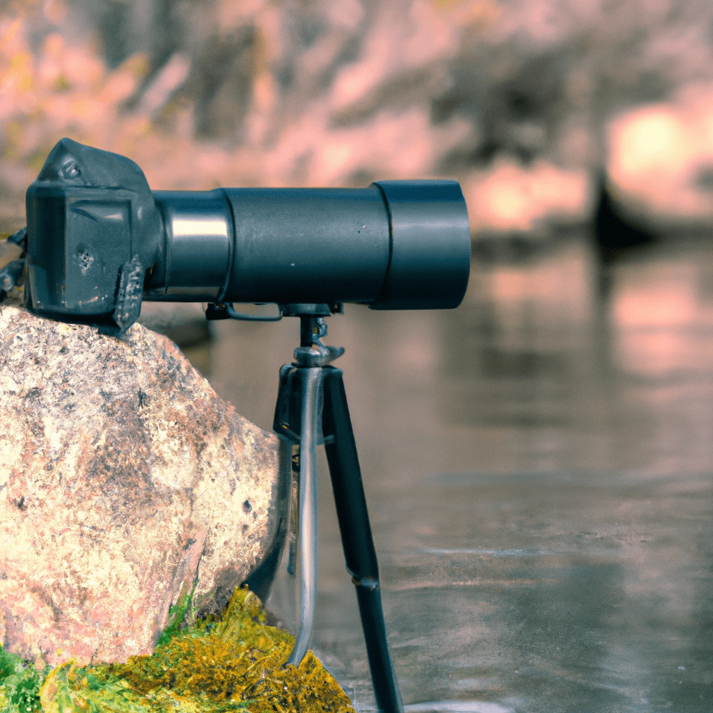 A photo of a well-prepared wildlife camera, positioned near water to capture animals in their natural habitat.. Sigma 85 mm f/1.4. No text.