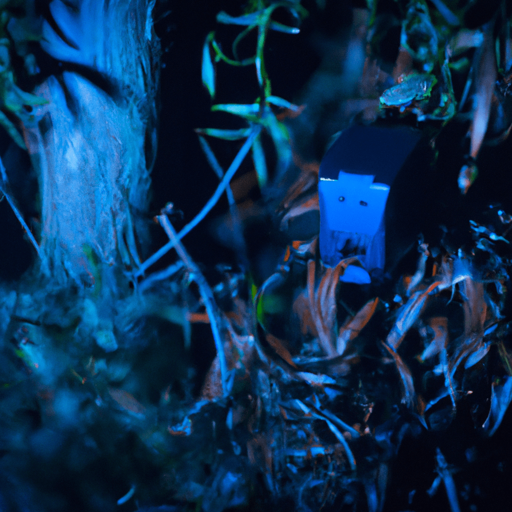 [A close-up of a wildlife camera trap hidden in the bushes at night]. Sigma 85 mm f/1.4. No text.