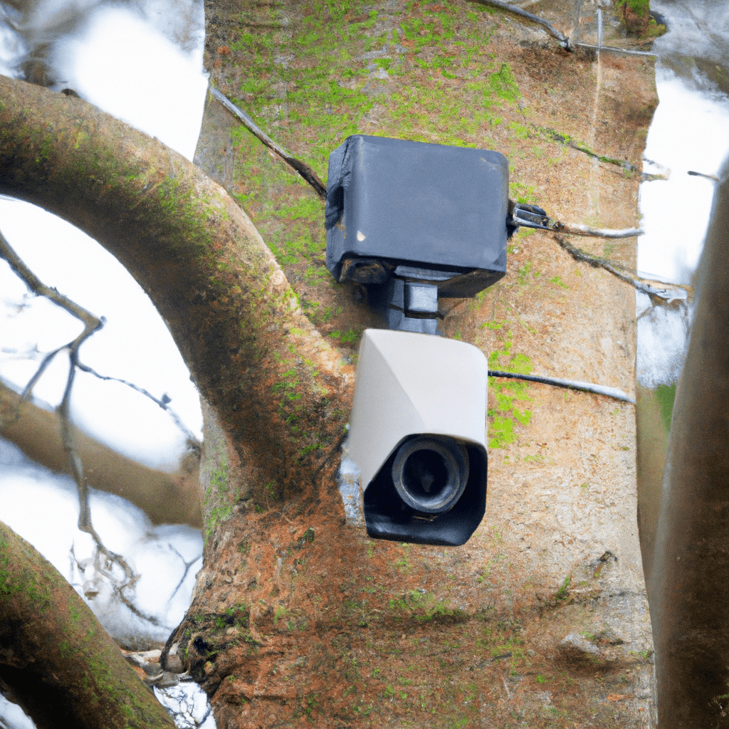 A photo of a wildlife camera being securely attached to a tree, blending in with its surroundings for maximum protection against theft. Sigma 85 mm f/1.4. No text.. Sigma 85 mm f/1.4. No text.