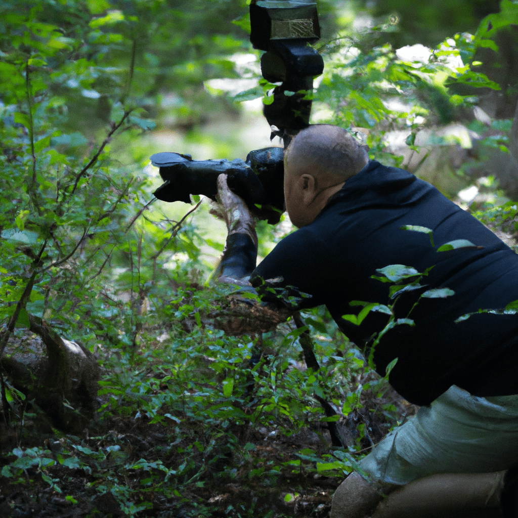 A wildlife enthusiast capturing a stunning image of a rare animal using a state-of-the-art trail camera. Sony 200 mm f/2.8. No text.. Sigma 85 mm f/1.4. No text.