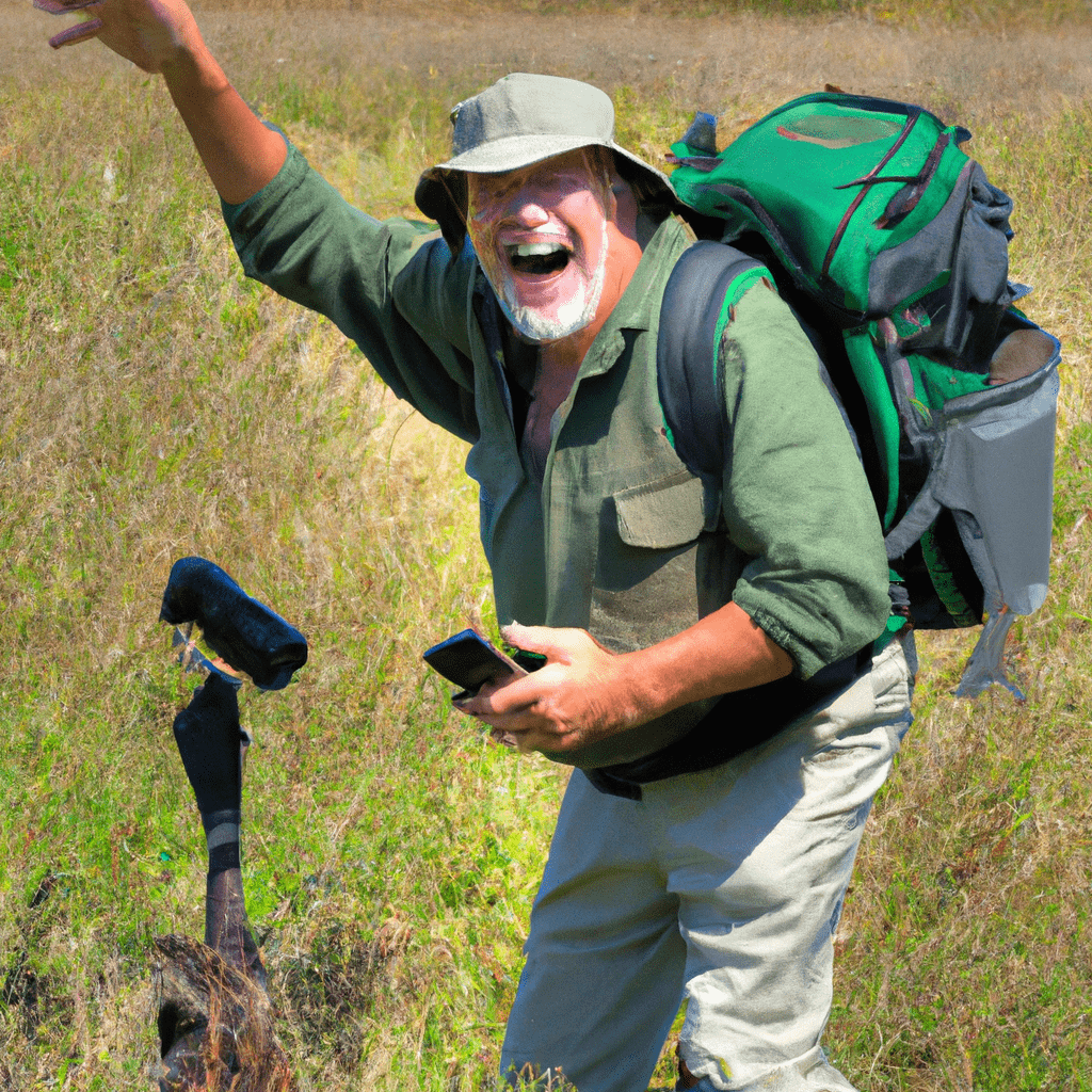 [An excited hiker capturing wildlife with a high-resolution camera trap.]. Sigma 85 mm f/1.4. No text.