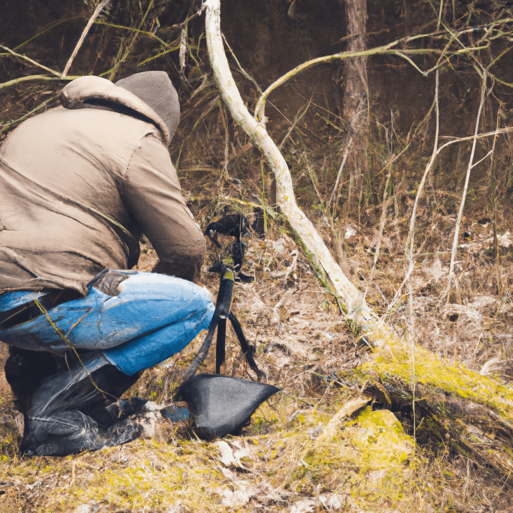 A photo of a wildlife photographer setting up a motion-activated camera trap in the forest.. Sigma 85 mm f/1.4. No text.