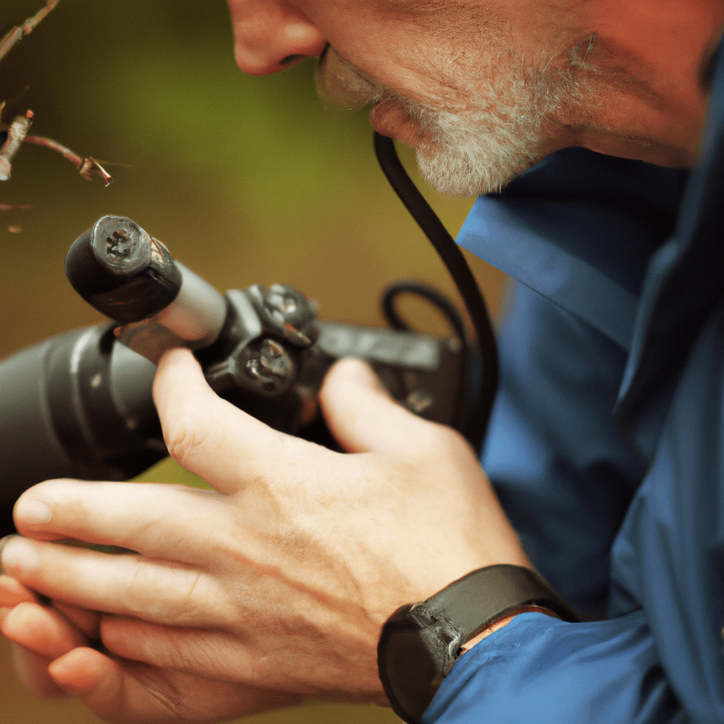 5 - A close-up photo of a wildlife photographer carefully selecting a trail camera, considering factors such as resolution, range, weather resistance, and functionality. Sigma 85 mm f/1.4. No text.. Sigma 85 mm f/1.4. No text.