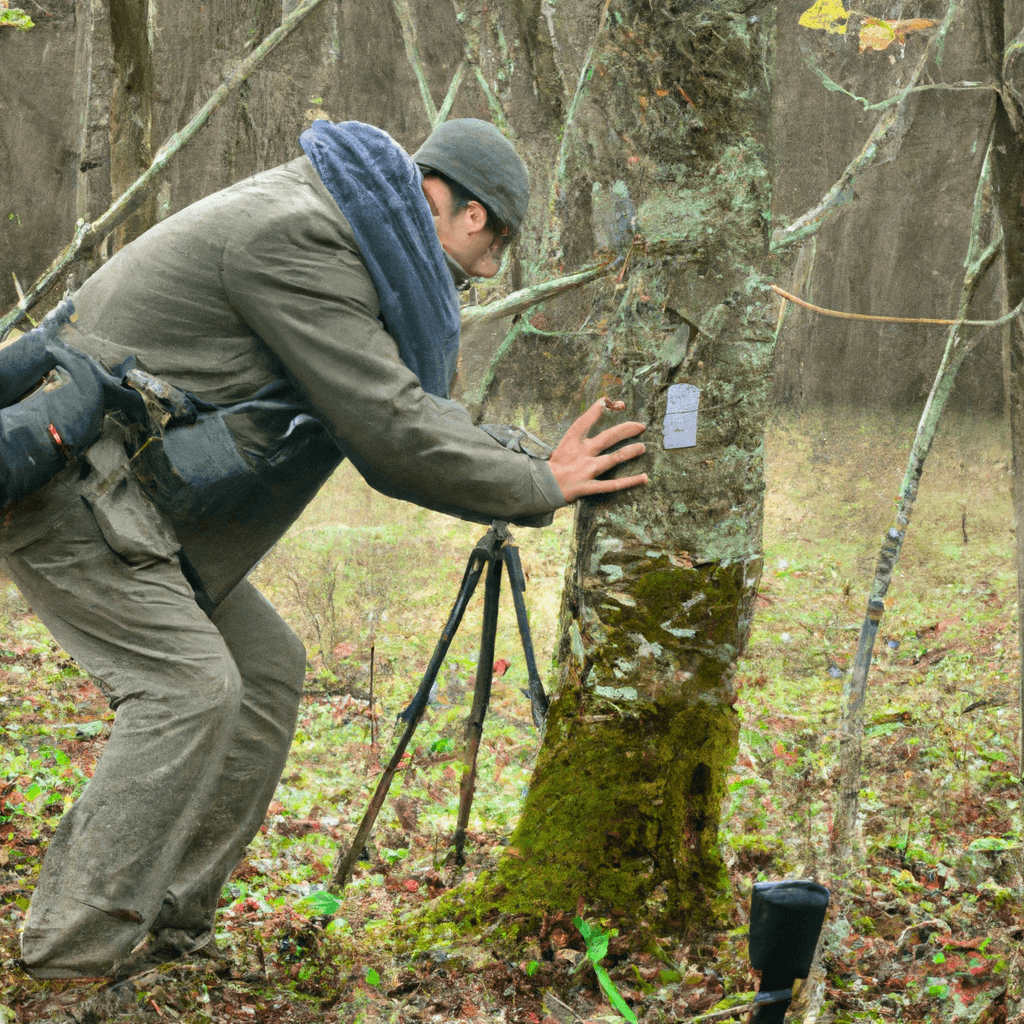 2 - [A wildlife photographer setting up a camera trap in the forest.]. Sigma 85 mm f/1.4. No text.